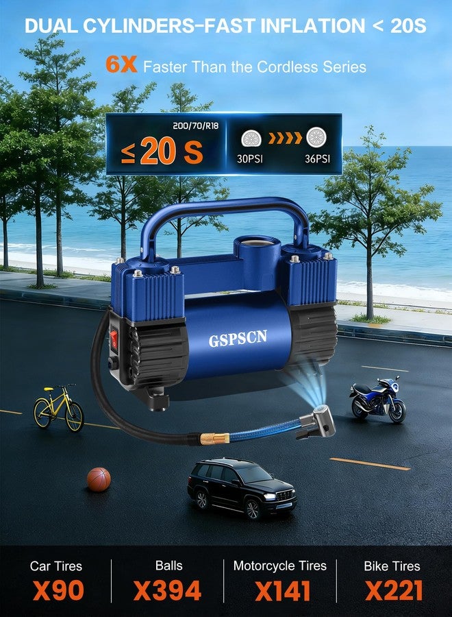GSPSCN Blue Tire Inflator Heavy Duty Double Cylinders with Portable Bag - Car Accessories，Metal DC 12V Air Compressor Pump 150PSI w/Adapter for Car, Truck, SUV Tires, Dinghy, Air Bed, RV etc - Image 2