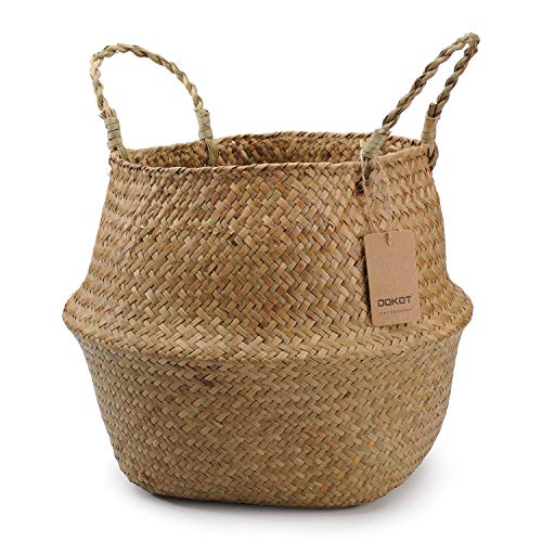 DOKOT Seagrass Plant Basket with Handles, Woven Storage Basket, 7inch Diameter x 8inch Height - Image 1