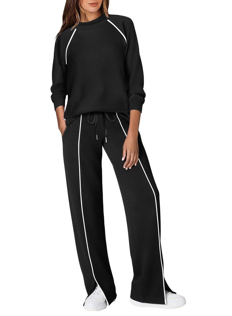 Solerconm 2-Piece Women’s Lounge Set (Size M), Soft Long Sleeve Top & Wide-Leg Pants, Comfortable Casual Outfit - Image 1