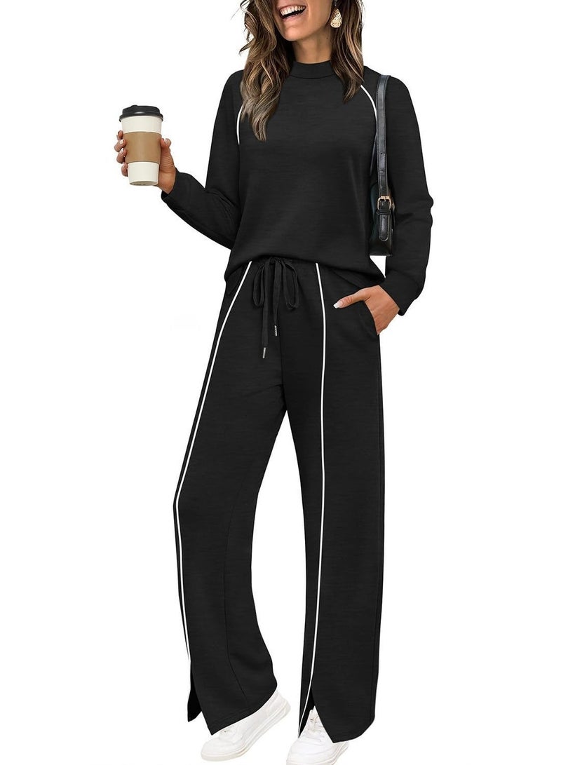 Solerconm 2-Piece Women’s Lounge Set (Size M), Soft Long Sleeve Top & Wide-Leg Pants, Comfortable Casual Outfit - Image 2