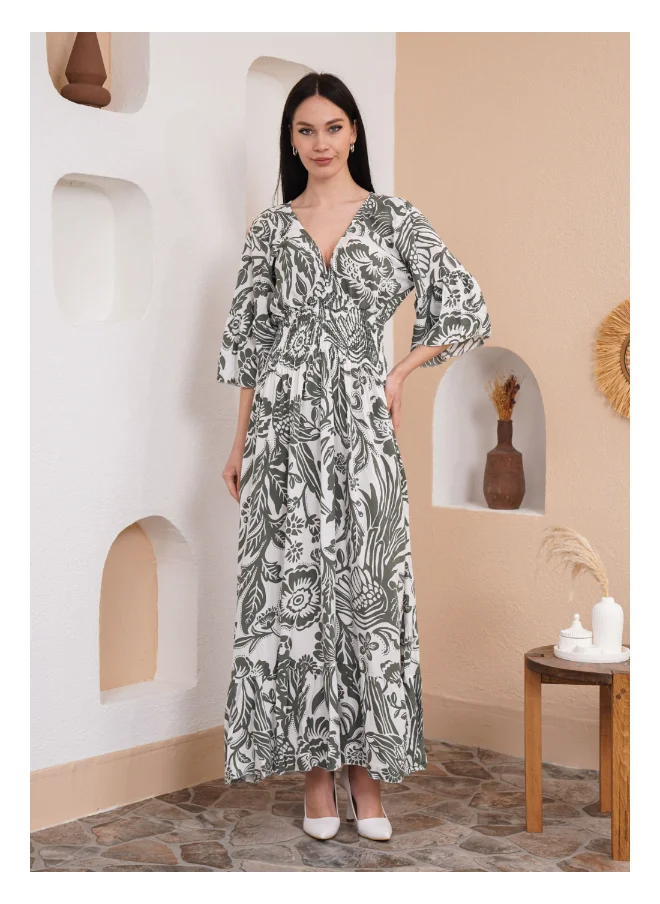 Hoxton Gal Floral Print Maxi Dress with V-Neck and Shirred Waist in Khaki
