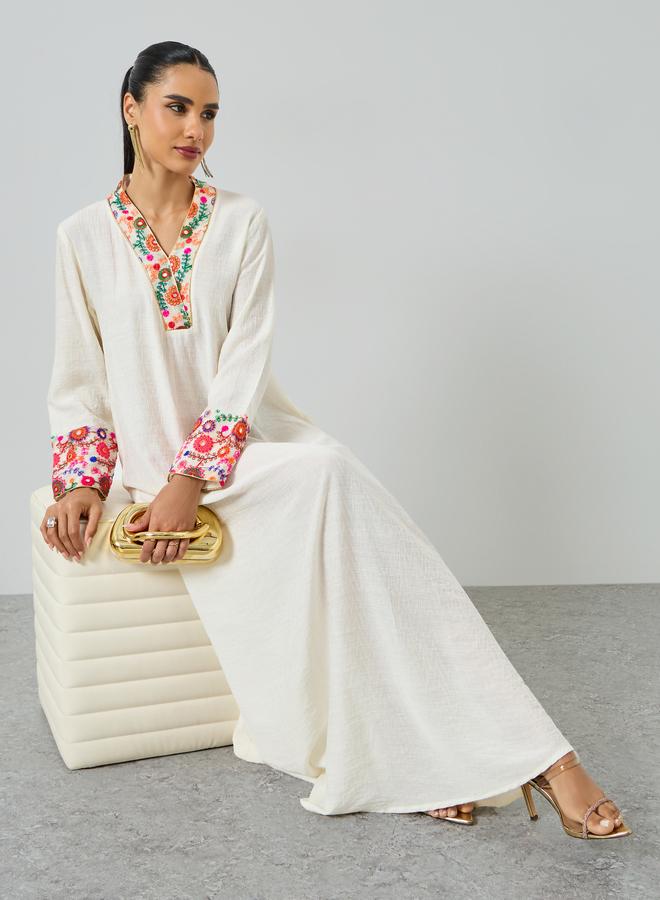 Maxim Creation Cream Embroidered Trim V Neck Jalabiya - Image 1