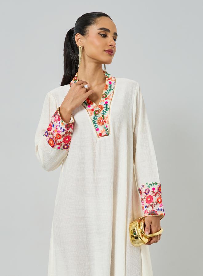 Maxim Creation Cream Embroidered Trim V Neck Jalabiya - Image 2