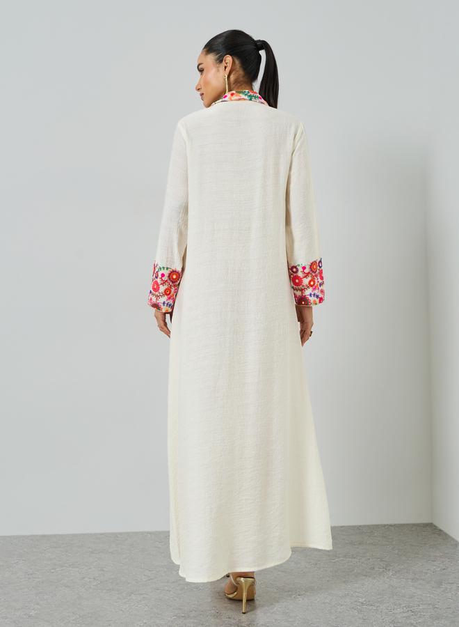 Maxim Creation Cream Embroidered Trim V Neck Jalabiya - Image 3