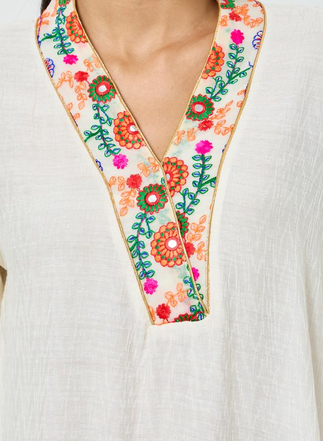 Maxim Creation Cream Embroidered Trim V Neck Jalabiya - Image 4