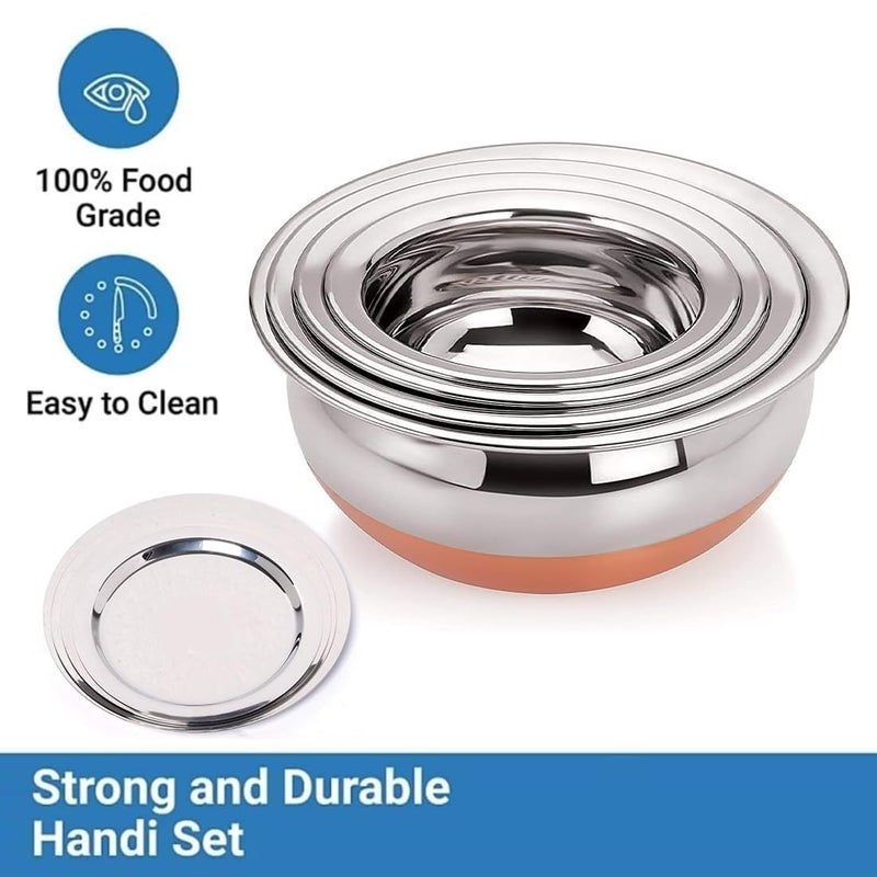 Nirvika Stainless Steel Copper Bottom Kitchen Serving Cooking Bowl Handi Set 5Pieces Biryani Handi with Cover Capacity 05 LTR 075 LTR 1 LTR 15 LTR 2 LTR - Image 5