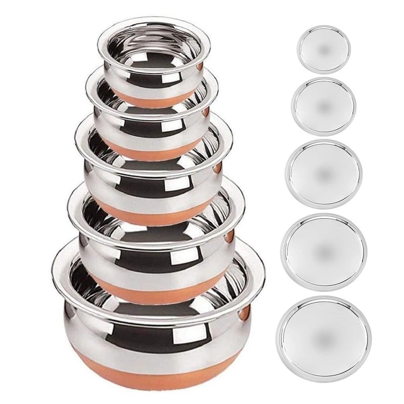 Nirvika Stainless Steel Copper Bottom Kitchen Serving Cooking Bowl Handi Set 5Pieces Biryani Handi with Cover Capacity 05 LTR 075 LTR 1 LTR 15 LTR 2 LTR - Image 1