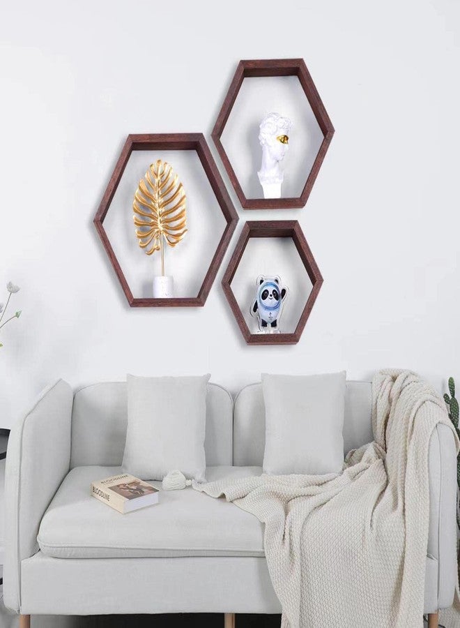 PHOENANCEE Hexagon Floating Shelves,Honeycomb Shelf Set of 3,Wood Farmhouse Hexagonal Decor Wall Storage for Living Room Bedroom Kitchen Office(Walnut) - Image 5