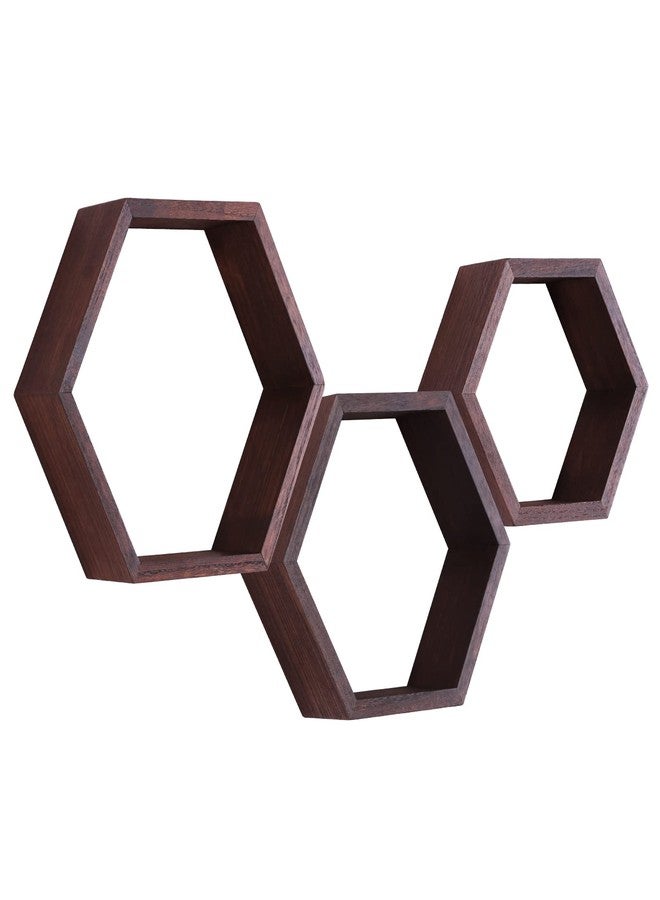 PHOENANCEE Hexagon Floating Shelves,Honeycomb Shelf Set of 3,Wood Farmhouse Hexagonal Decor Wall Storage for Living Room Bedroom Kitchen Office(Walnut) - Image 1