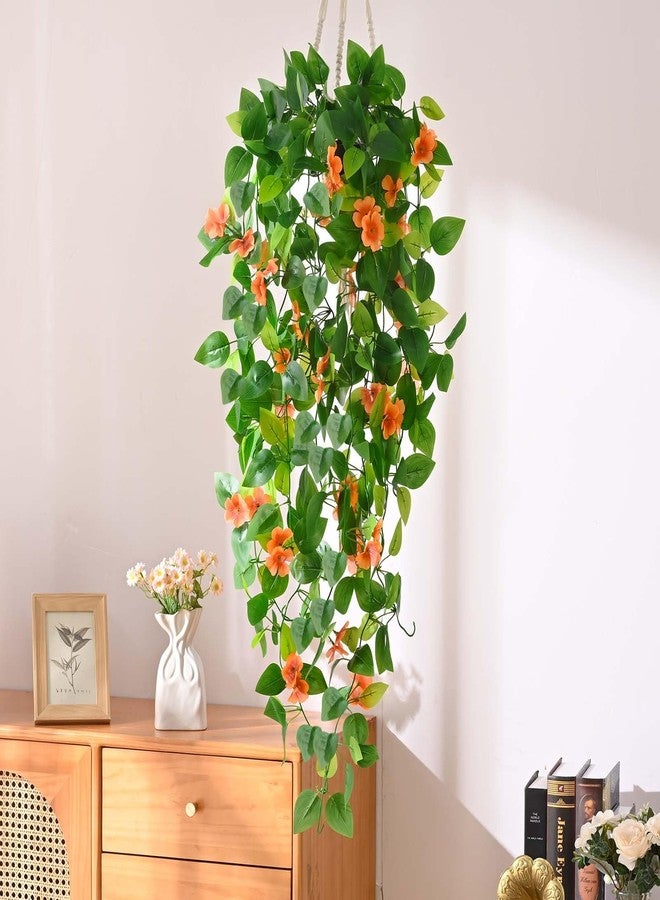 BLEUM CADE Artificial Hanging Flowers for Outdoors, 2pcs Fake Hanging Plants Pothos Vines with Orange Flowers for Wall Home Living Room Indoor Outdoor Decor (No Baskets) - Image 3