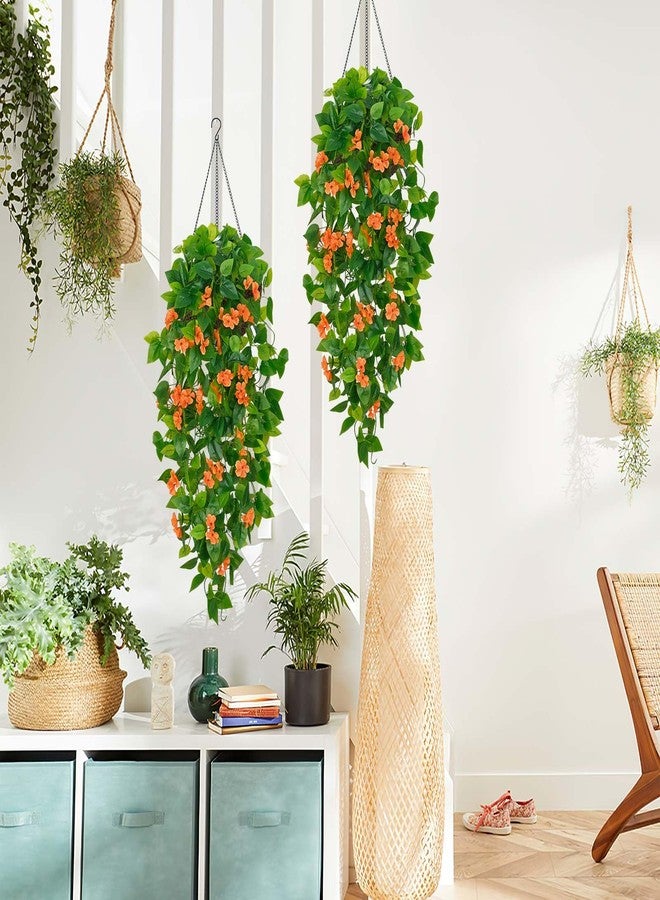 BLEUM CADE Artificial Hanging Flowers for Outdoors, 2pcs Fake Hanging Plants Pothos Vines with Orange Flowers for Wall Home Living Room Indoor Outdoor Decor (No Baskets) - Image 4