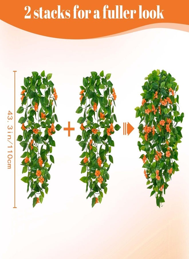 BLEUM CADE Artificial Hanging Flowers for Outdoors, 2pcs Fake Hanging Plants Pothos Vines with Orange Flowers for Wall Home Living Room Indoor Outdoor Decor (No Baskets) - Image 2