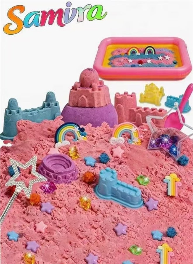 Samira Kids Magic Sand Art Kit, 90 pcs Play Sand Art Kit, 2KG of Sensory Bins Kit, Magic Sand 4 Colors with Toy Shovel Tools, Portable Storage Box and Game Pad, Sandbox Sand Kit Beach Toys for Girls Boys Perfect for Summer Break - Image 1