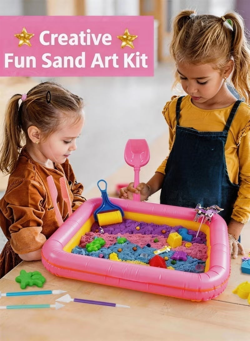 Samira Kids Magic Sand Art Kit, 90 pcs Play Sand Art Kit, 2KG of Sensory Bins Kit, Magic Sand 4 Colors with Toy Shovel Tools, Portable Storage Box and Game Pad, Sandbox Sand Kit Beach Toys for Girls Boys Perfect for Summer Break - Image 5