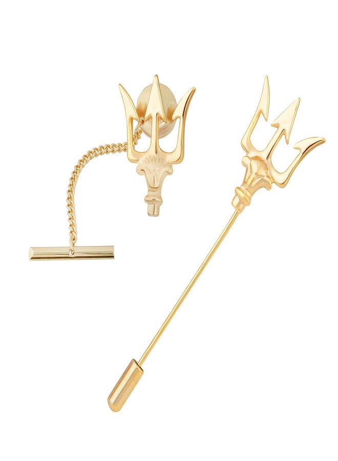 YYBONNIE Men's Trident Necktie Tie Tack Pin Shirt Stay Bar Suit Collar Lapel Stick Pin Brooch with Chain Accessories for Necktie (Gold Stick Pin&Tie Pin) - Image 1