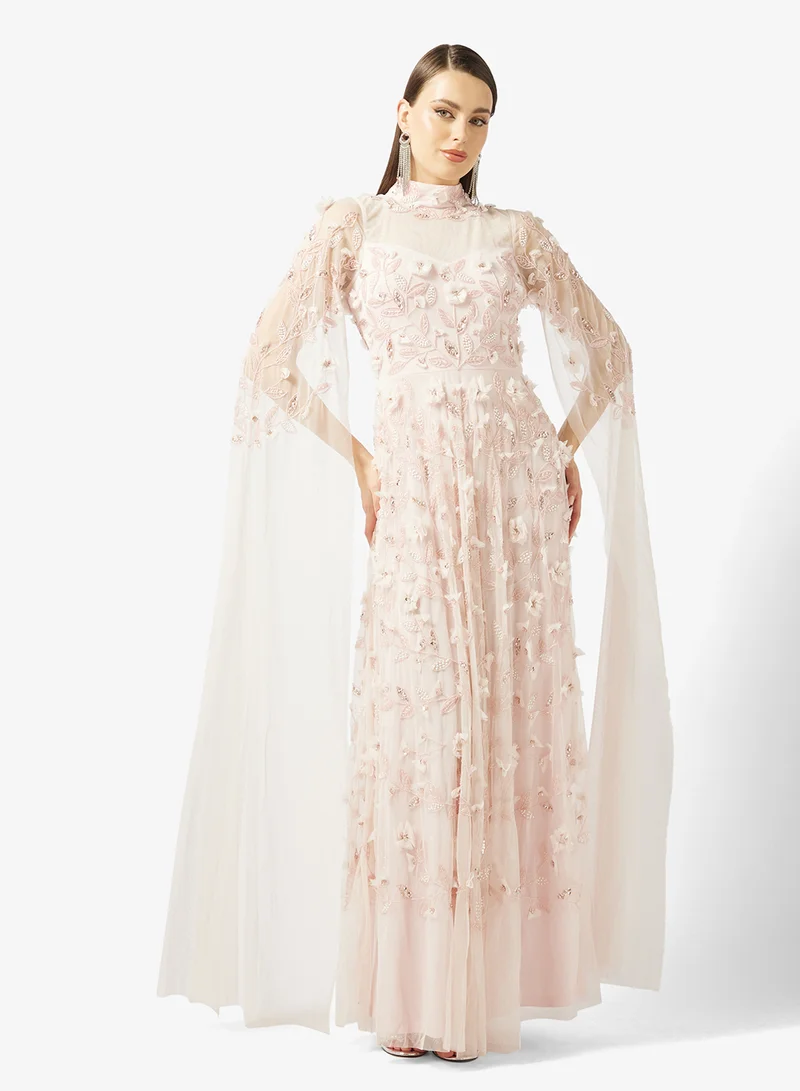 3D Floral Embellished Evening Gown with Cape Sleeves