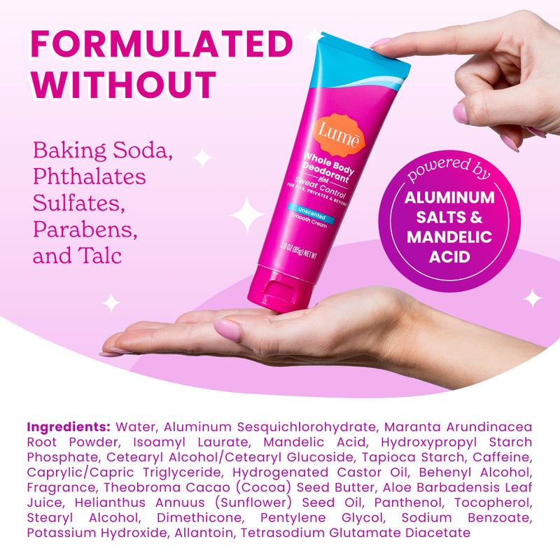 Lume Whole Body Deodorant Plus Sweat Control - Smooth Cream Tube - 72 Hour Odor And Sweat Control - Baking Soda Free, Skin Loving - 3.0 ounce (Pack of 2) (Unscented) - Image 4