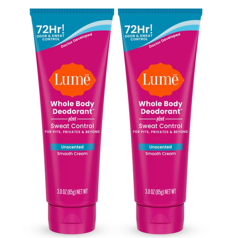 Lume Whole Body Deodorant Plus Sweat Control - Smooth Cream Tube - 72 Hour Odor And Sweat Control - Baking Soda Free, Skin Loving - 3.0 ounce (Pack of 2) (Unscented) - Image 1