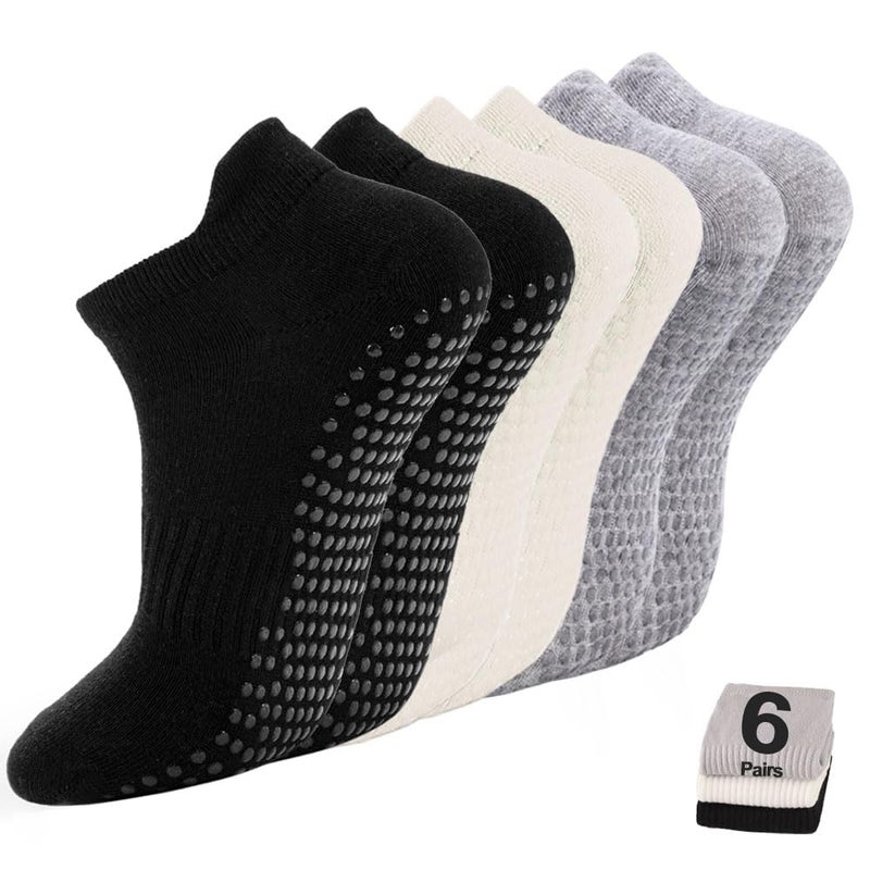 kepiibi 6 Pairs Black White Pilates Grip Socks, Non Slip Yoga Grippy Crew Socks for Barre Hospital Barefoot Workout Dance Ballet - Image 1