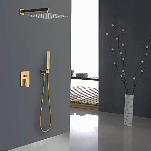 Iriber Brushed Gold Rain Shower System with 10 Inch Shower Head and Handheld Bathroom Wall Mounted Shower Set Contain Shower Faucet Mixer and Trim Kit (Valve Included) - Image 2