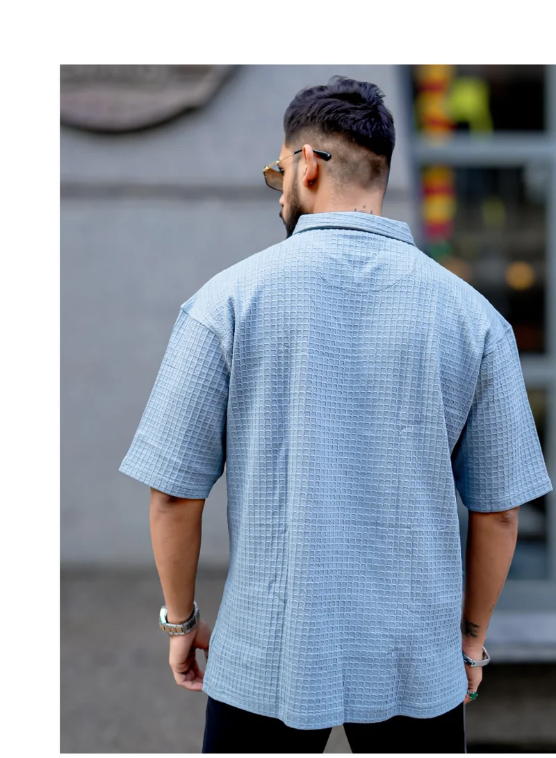 Maniac Maniac Mens Boxgrid Textured Polo Neck Half Sleeve Light Grey CottonBlend T-Shirt