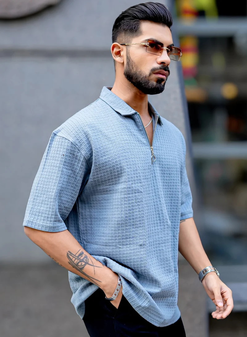 Maniac Maniac Mens Boxgrid Textured Polo Neck Half Sleeve Light Grey CottonBlend T-Shirt