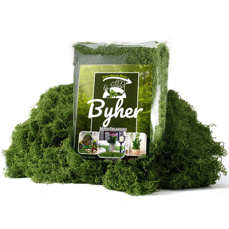 BYHER Fake Moss for Crafts â€“ 3.5OZ Fluffy Cloudlike Artificial Moss for Potted Plant Indoor & Fairy Gardens â€“ Realistic Green Moss Alternative for Terrariums, Dioramas, Model Scenes (Dark Green) - Image 1