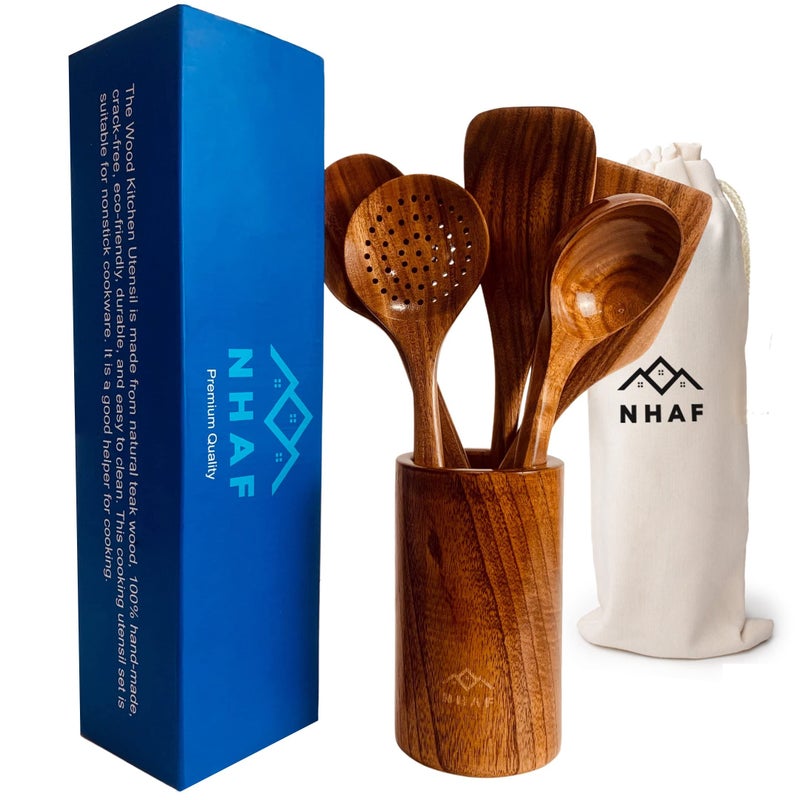 NHAF NHAF Premium Teak Healthy Spoons Durable Ecofriendly Spatula Wooden Utensils Set with Holder  Canvas Bag Wooden Cooking Gifts for Mom 
