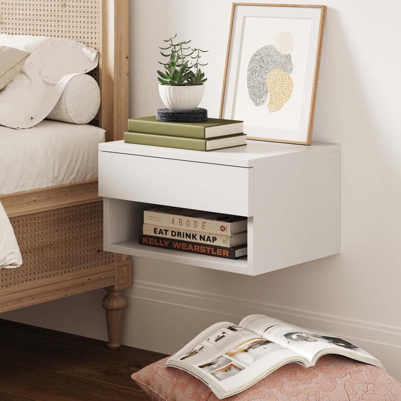 Nathan James Wall Mounted Floating Bedroom Nightstand with Storage Drawer and Modern Open Shelf Cubby White