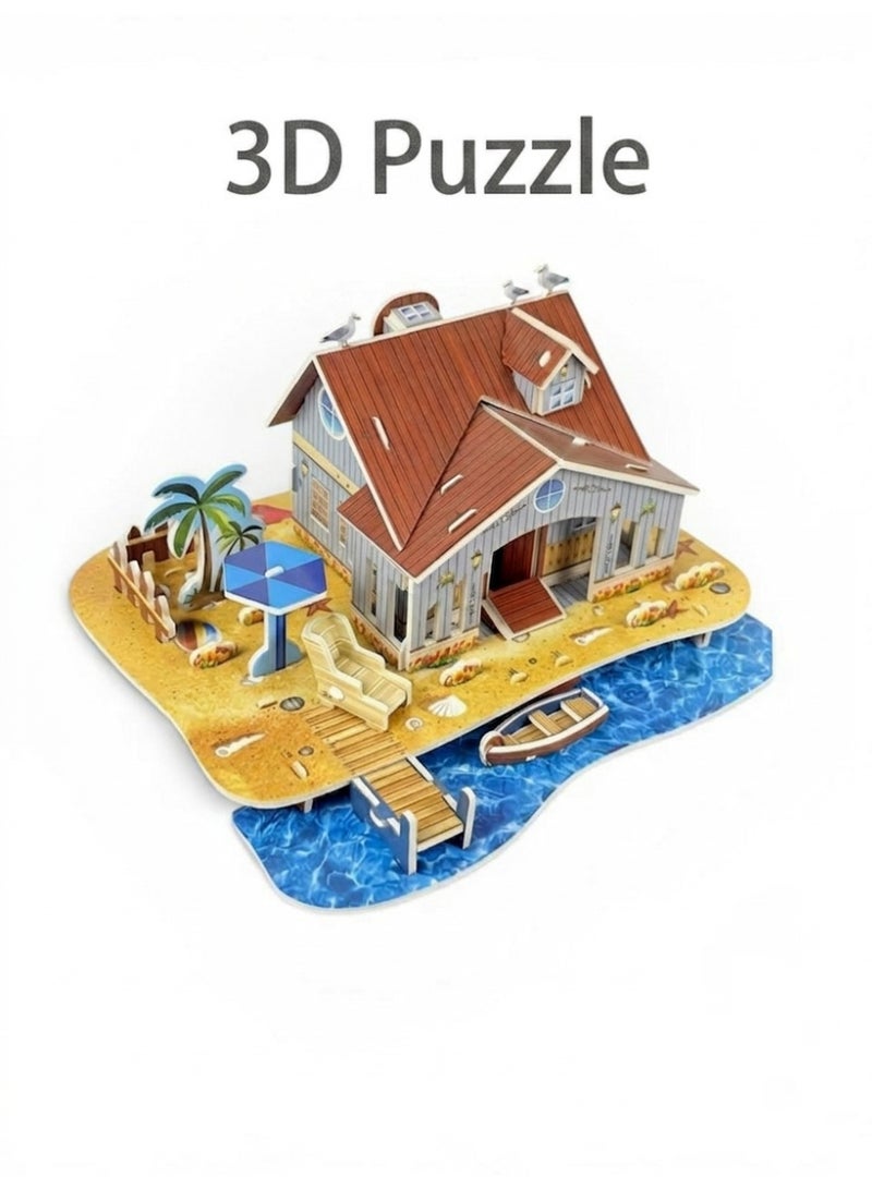 Aura Style 3D Puzzle Beach Casual Villa Kit for Kids & Adults - No Glue Educational DIY Toy - Multicolor Cardboard - Image 1