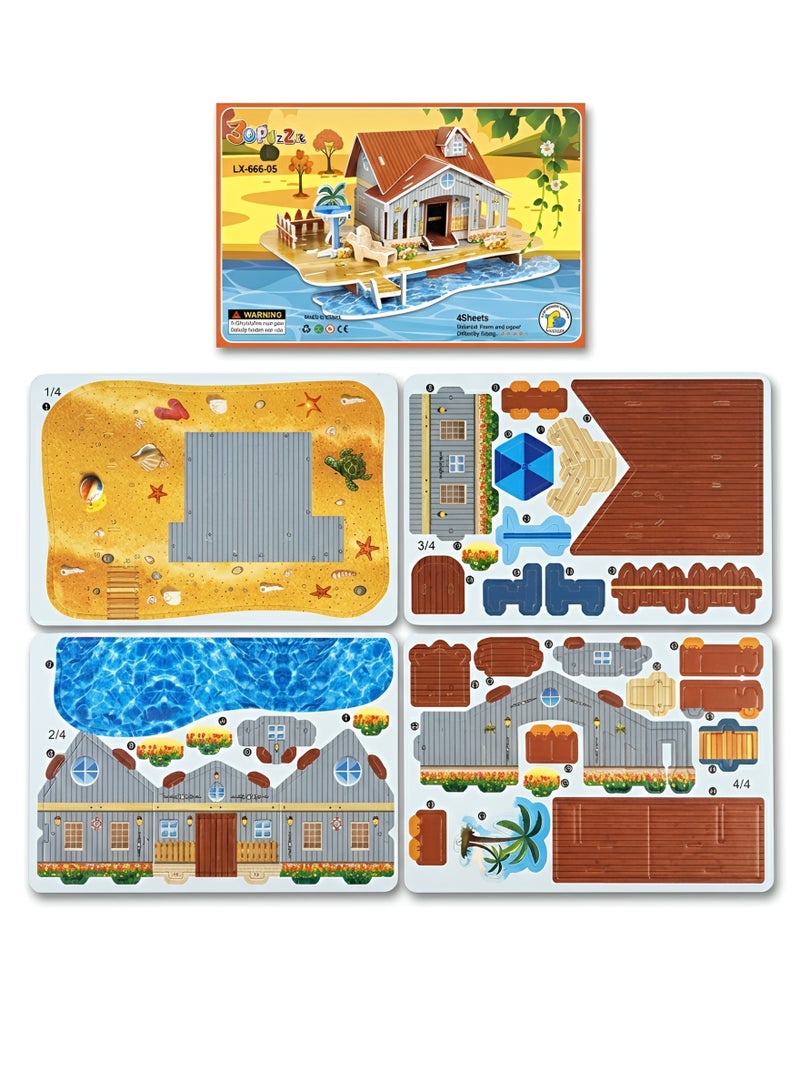 Aura Style 3D Puzzle Beach Casual Villa Kit for Kids & Adults - No Glue Educational DIY Toy - Multicolor Cardboard - Image 5