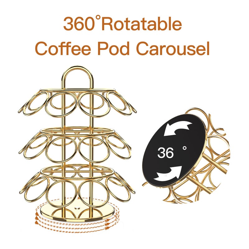 ZECENN Coffee Pod Storage Organizer for K-Cup Pods, K Cup Holder,K Cup Carousel, Home Office Kitchen Counter Coffee Station Organizer (27 Pods Capacity-Gold) - Image 3
