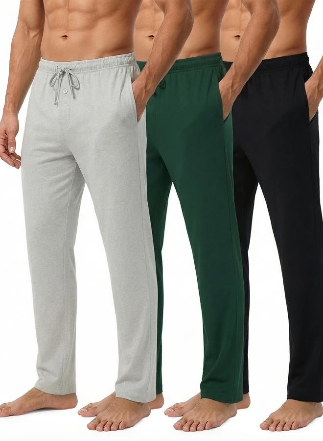 REALESSENTIALS 3 Pack: Mens Pajama Pants - Mens Knit Cotton Flannel Plaid Lounge Bottoms S-3XL - Image 1