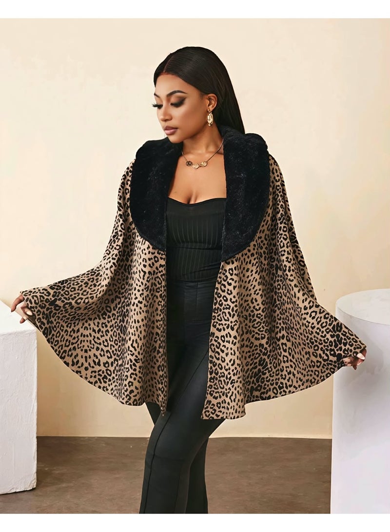 Shein Women Regular Leopard Print Patchwork With Furry Collar Cape Outerwear Fall Cloth For Women from SHEIN - Image 1