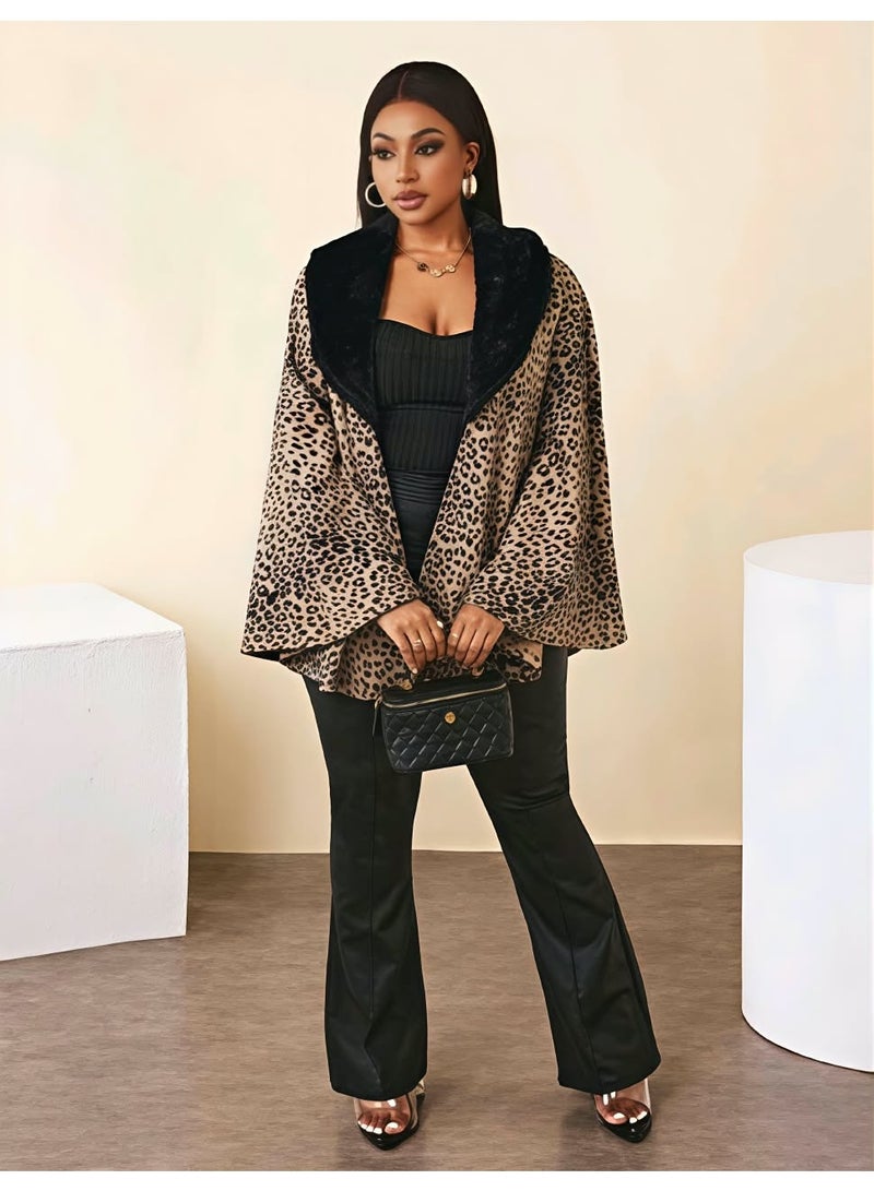 Shein Women Regular Leopard Print Patchwork With Furry Collar Cape Outerwear Fall Cloth For Women from SHEIN - Image 4