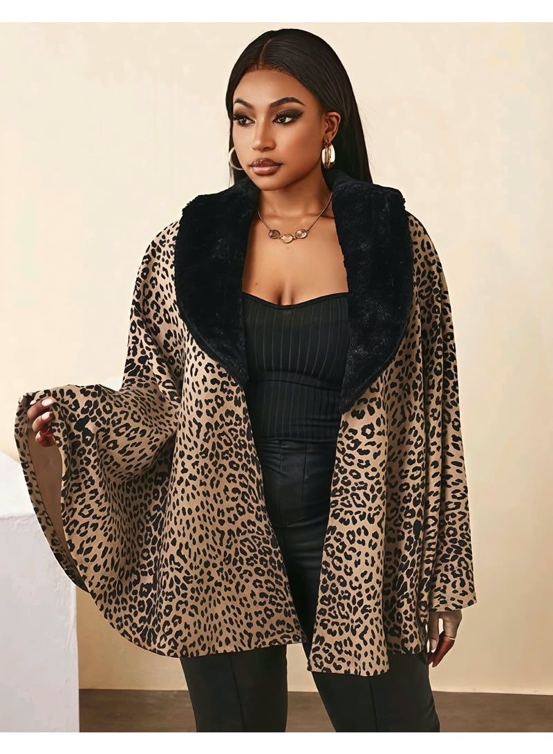 Shein Women Regular Leopard Print Patchwork With Furry Collar Cape Outerwear Fall Cloth For Women from SHEIN - Image 2