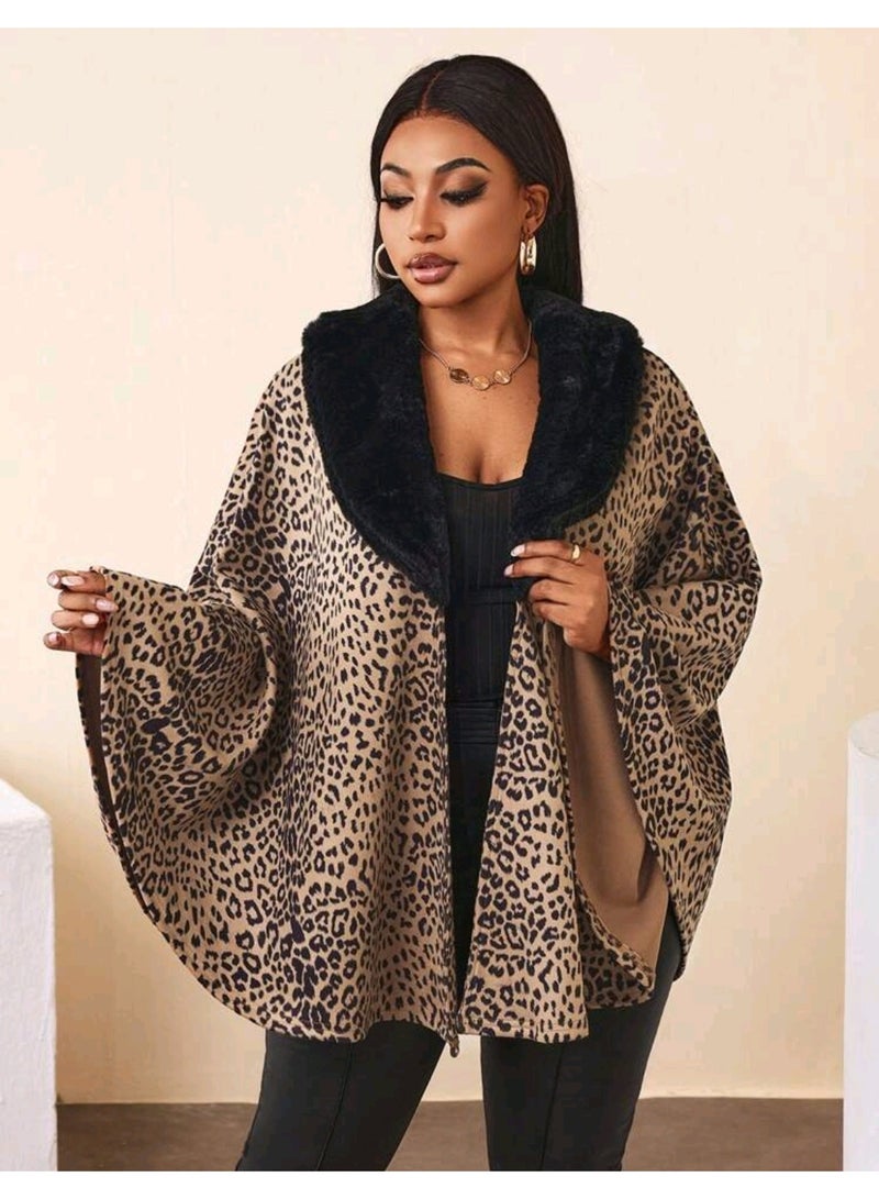 Shein Women Regular Leopard Print Patchwork With Furry Collar Cape Outerwear Fall Cloth For Women from SHEIN - Image 5