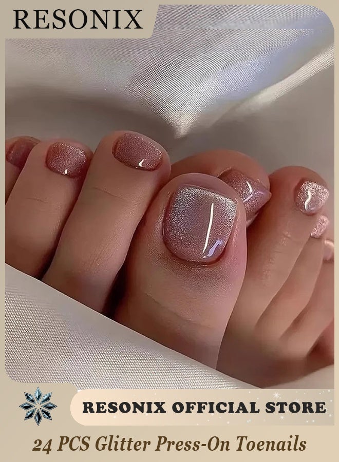 RESONIX 24 PCS Glitter Press-On Toenails – Short Square Toenails with Nude Glitter Design, Summer Glossy Full Cover Acrylic, Reusable for Women & Girls Toenail Decorations - Image 1