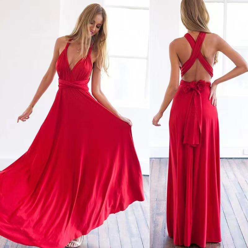 New Women's Solid Color Multi-Way Tie Red Evening Dress - Image 1