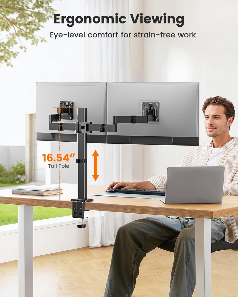 ErGear Dual Monitor Stand for 17-32 inch, Dual Monitor Mount with Adjustable Tilt, Swivel, Rotation, Tiered Arms for Extra Height, Supports 22 lbs per Arm - Image 4