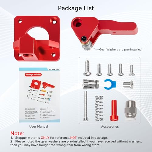 RED REX Redrex Dual Gear Ender 3 Extruder with Two Washers Metal Drive Feeder Upgrade Kit Compatible with Creality Ender 3 V2 Pro,Ender 3 Neo Series,CR10 3D Printer TPU Filament Supported(Motor Shaft>20mm) - Image 2