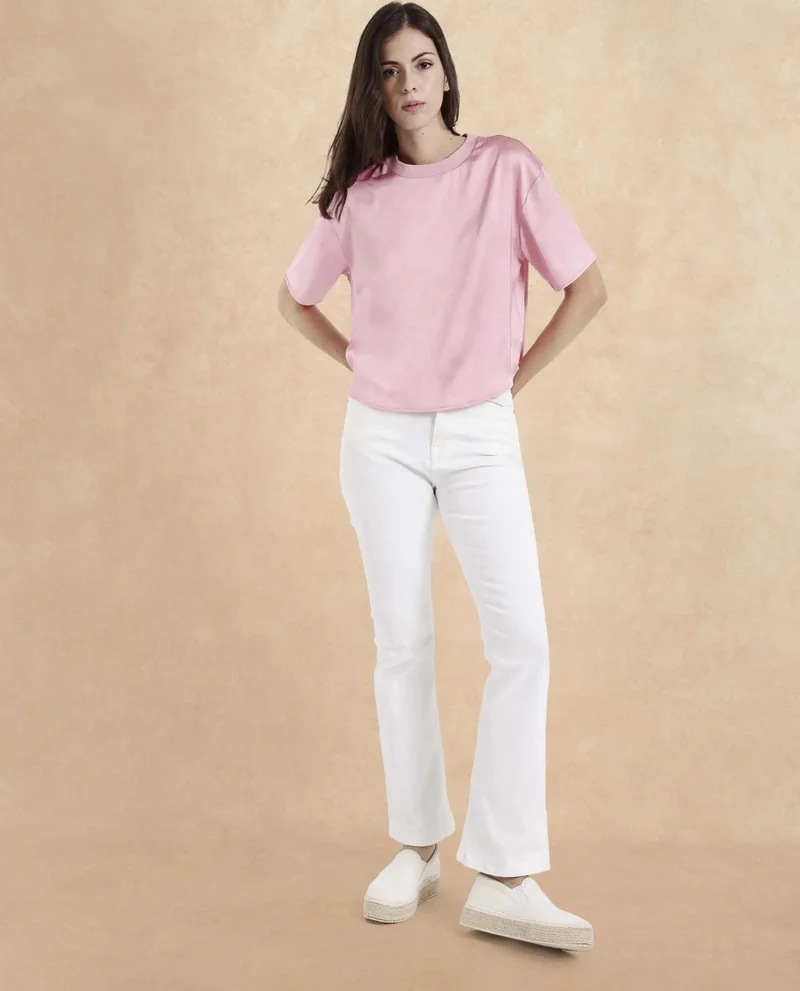 Rareism Women's Satin Top With Ribbed Collar