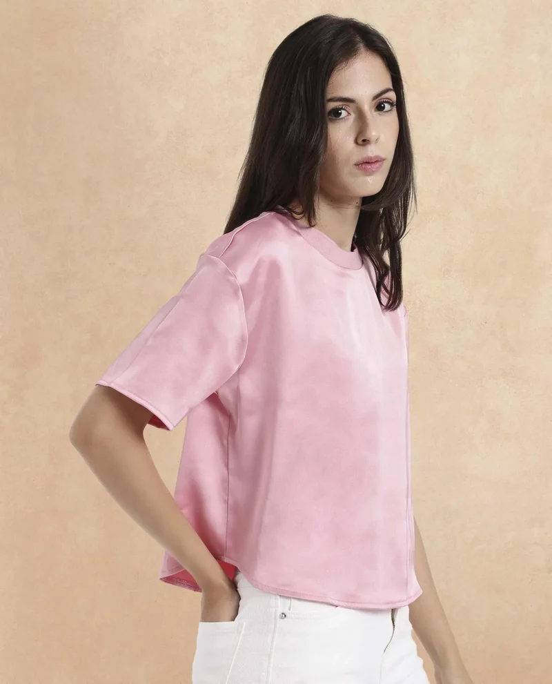 Rareism Women's Satin Top With Ribbed Collar