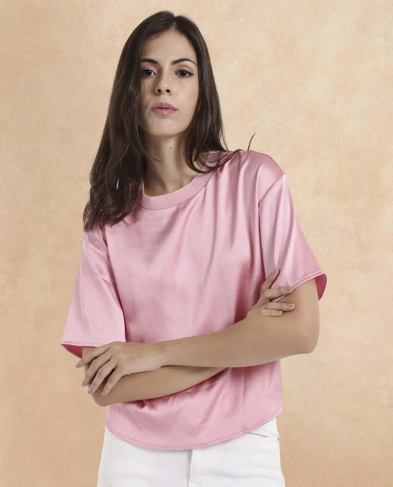 Rareism Women's Satin Top With Ribbed Collar
