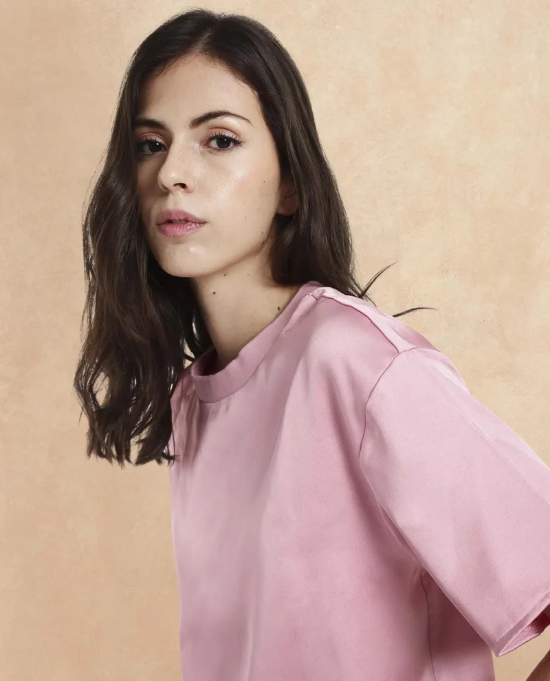 Rareism Women's Satin Top With Ribbed Collar