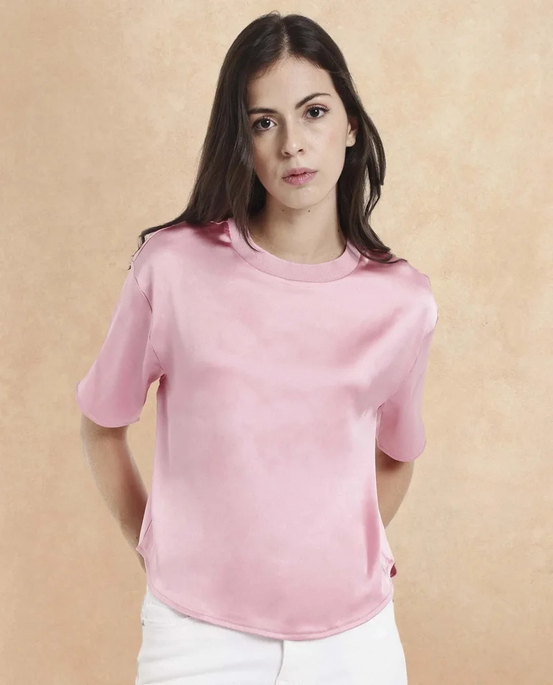 Rareism Women's Satin Top With Ribbed Collar