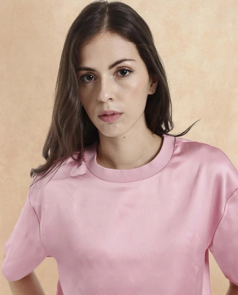 Rareism Women's Satin Top With Ribbed Collar