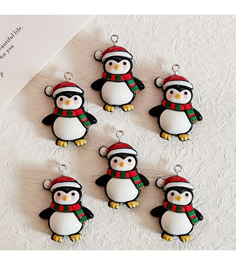 6 Pcs Penguin Resin Charms Christmas Animal Pendants Funny Hats DIY Jewelry Making Accessories - Image 1