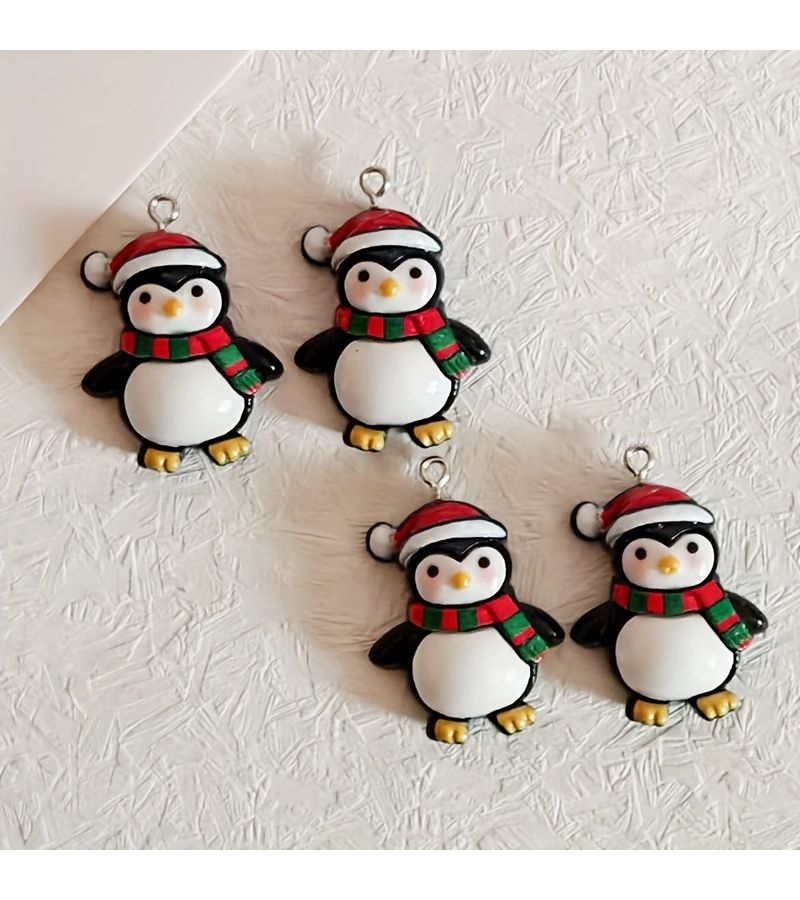 6 Pcs Penguin Resin Charms Christmas Animal Pendants Funny Hats DIY Jewelry Making Accessories - Image 3