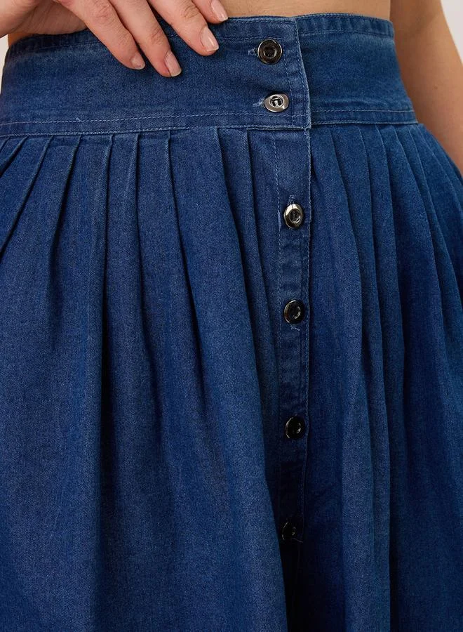 globus Blue Pleated Button-Down Mini Denim Skirt